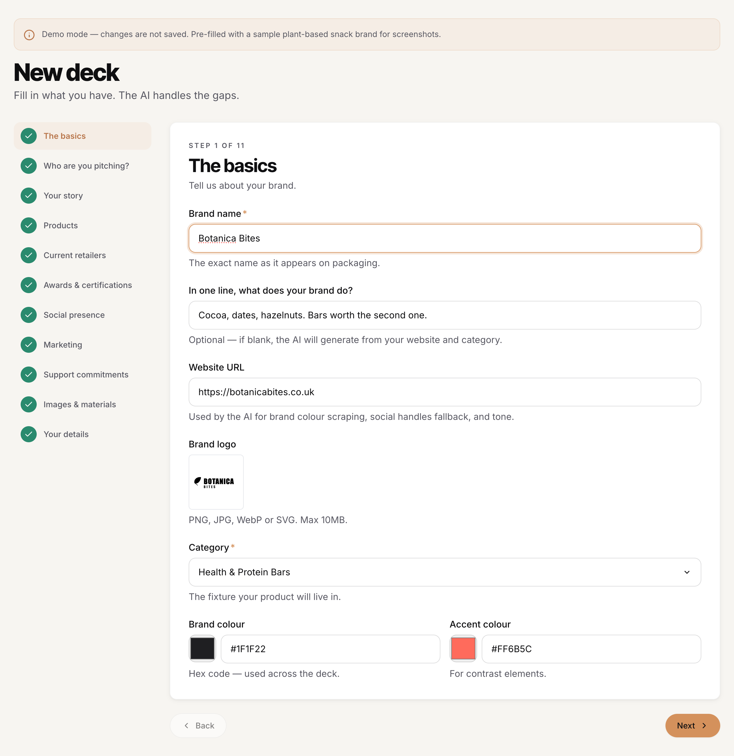 DeckSmith intake form, basics section